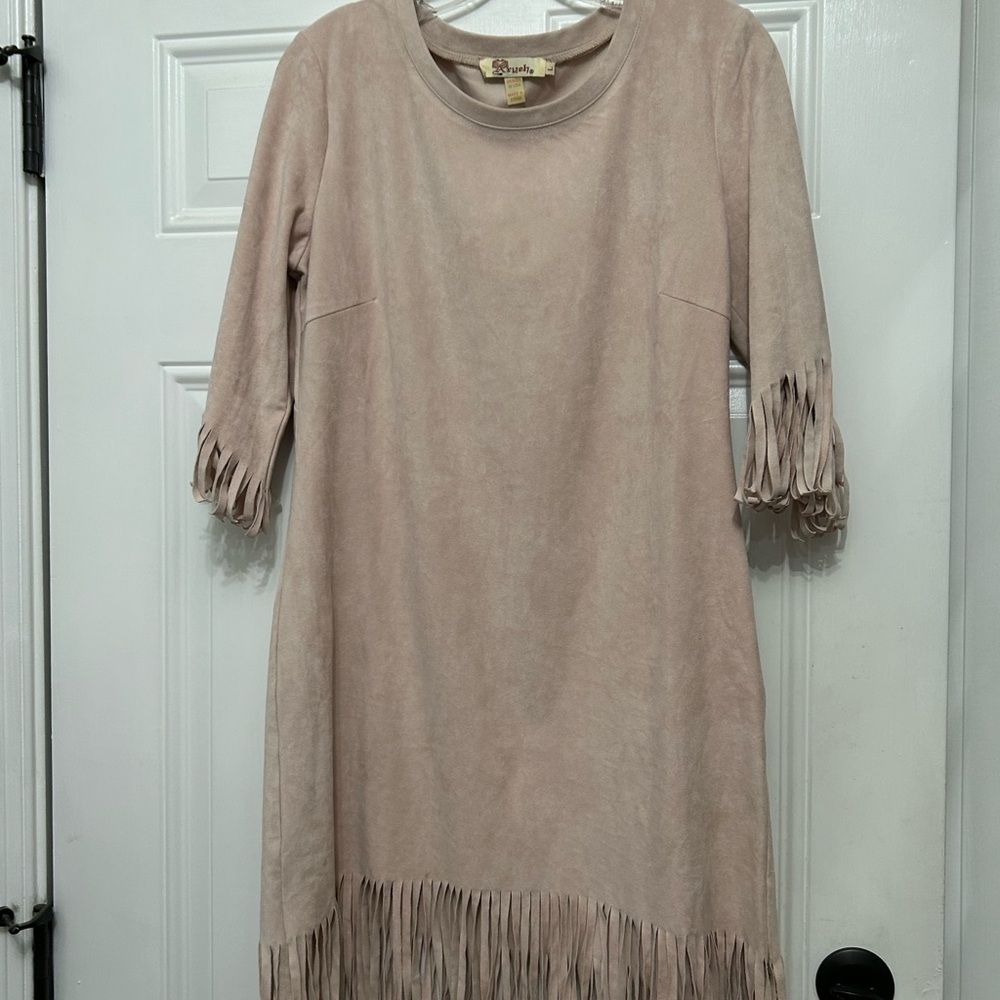 Ladies Suede Fringe Light Pink/Beige Midi Dress - Sz L